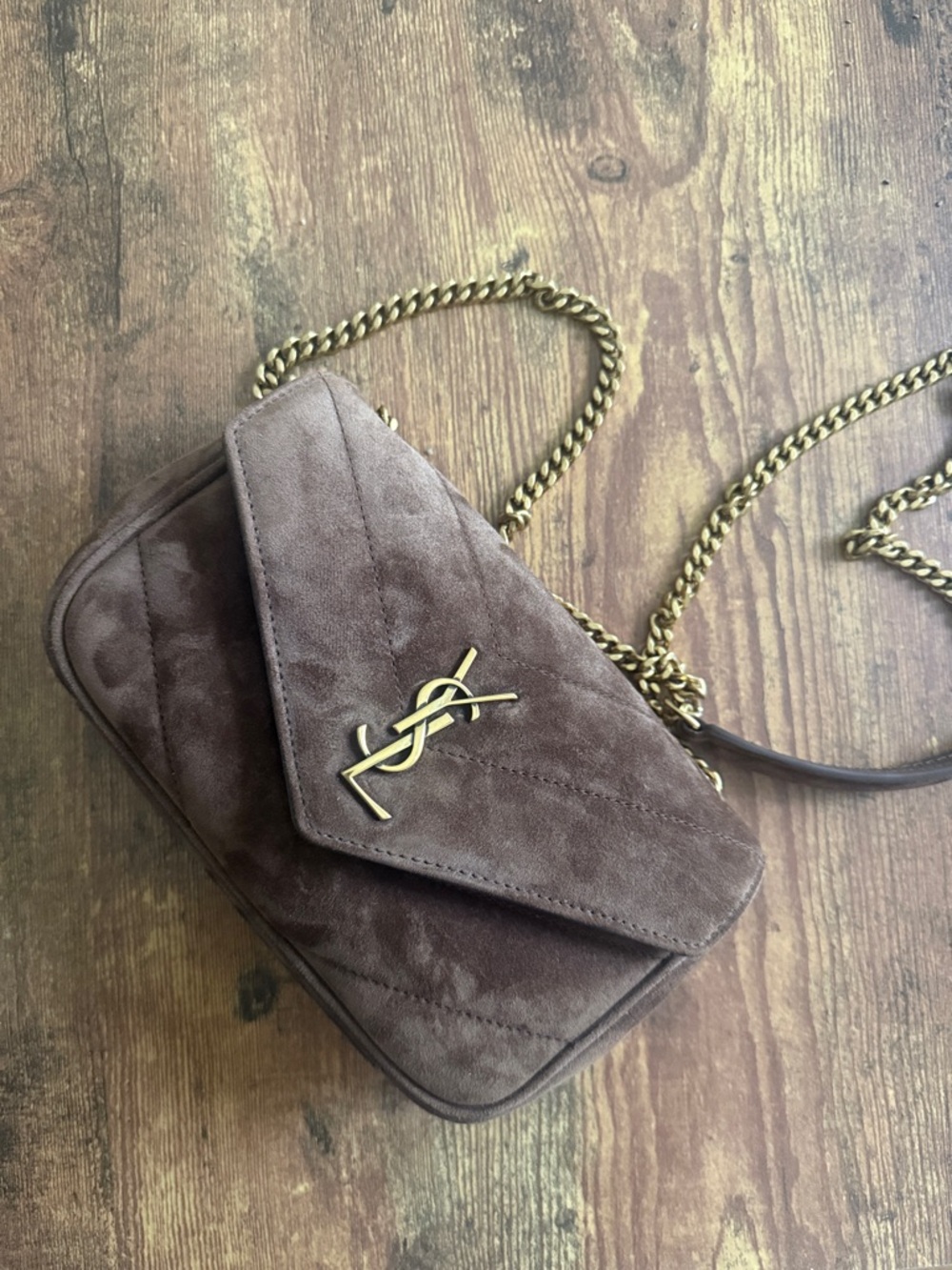 Saint Laurent Brown Suede Small Chain Envelope Bag - Picture 9 of 10